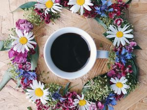 Preview wallpaper coffee, cup, flowers, wreath, surface