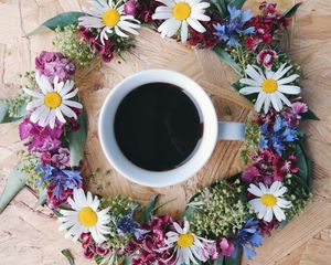 Preview wallpaper coffee, cup, flowers, wreath, surface