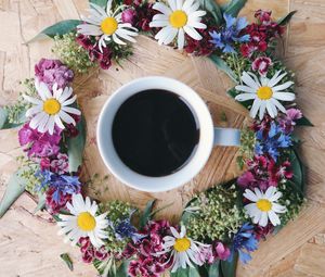 Preview wallpaper coffee, cup, flowers, wreath, surface