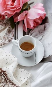 Preview wallpaper coffee, cup, flowers, cloth