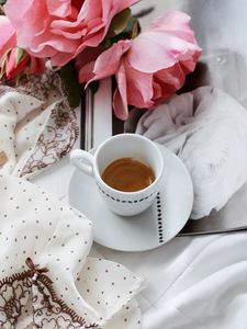 Preview wallpaper coffee, cup, flowers, cloth