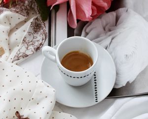 Preview wallpaper coffee, cup, flowers, cloth