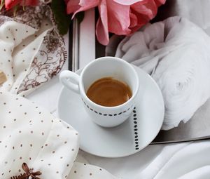 Preview wallpaper coffee, cup, flowers, cloth