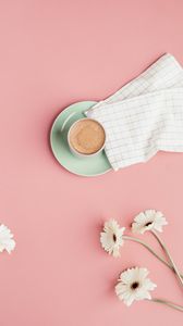 Preview wallpaper coffee, cup, flowers, pink, minimalism