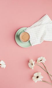 Preview wallpaper coffee, cup, flowers, pink, minimalism