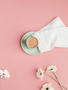 Preview wallpaper coffee, cup, flowers, pink, minimalism