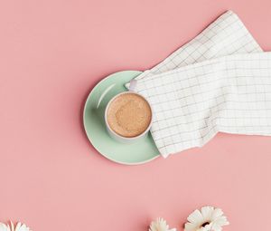 Preview wallpaper coffee, cup, flowers, pink, minimalism