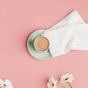 Preview wallpaper coffee, cup, flowers, pink, minimalism