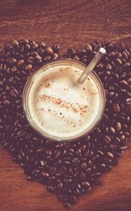 Preview wallpaper coffee, cup, foam, coffee beans, table