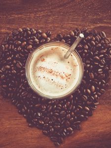 Preview wallpaper coffee, cup, foam, coffee beans, table