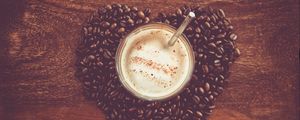 Preview wallpaper coffee, cup, foam, coffee beans, table