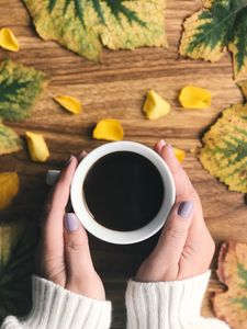 Preview wallpaper coffee, cup, hands, leaves