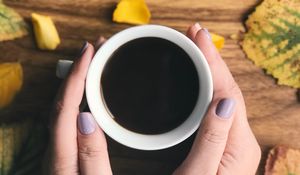 Preview wallpaper coffee, cup, hands, leaves
