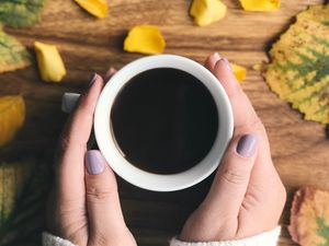 Preview wallpaper coffee, cup, hands, leaves