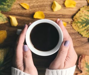 Preview wallpaper coffee, cup, hands, leaves