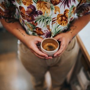 Preview wallpaper coffee, cup, hands, tattoo, man