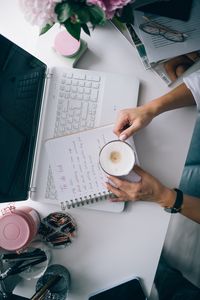 Preview wallpaper coffee, cup, hands, laptop, aesthetics