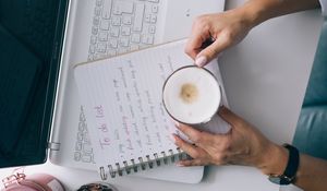 Preview wallpaper coffee, cup, hands, laptop, aesthetics