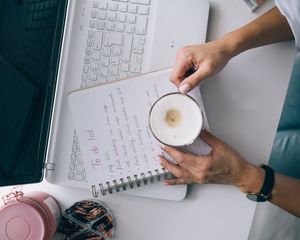 Preview wallpaper coffee, cup, hands, laptop, aesthetics