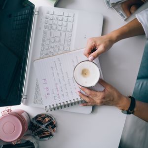 Preview wallpaper coffee, cup, hands, laptop, aesthetics