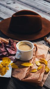 Preview wallpaper coffee, cup, leaves, hat, autumn