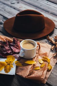 Preview wallpaper coffee, cup, leaves, hat, autumn