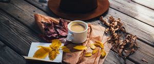 Preview wallpaper coffee, cup, leaves, hat, autumn