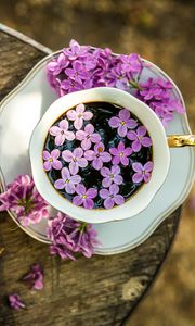 Preview wallpaper coffee, cup, lilac, flowers, wooden