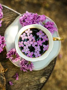 Preview wallpaper coffee, cup, lilac, flowers, wooden