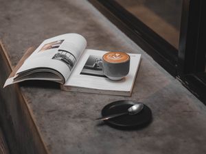 Preview wallpaper coffee, cup, magazine, window, windowsill