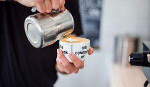 Preview wallpaper coffee, cup, milk, hands, barista