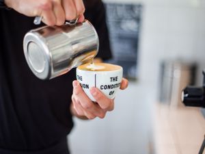 Preview wallpaper coffee, cup, milk, hands, barista