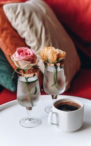 Preview wallpaper coffee, cup, rose, flower, glasses