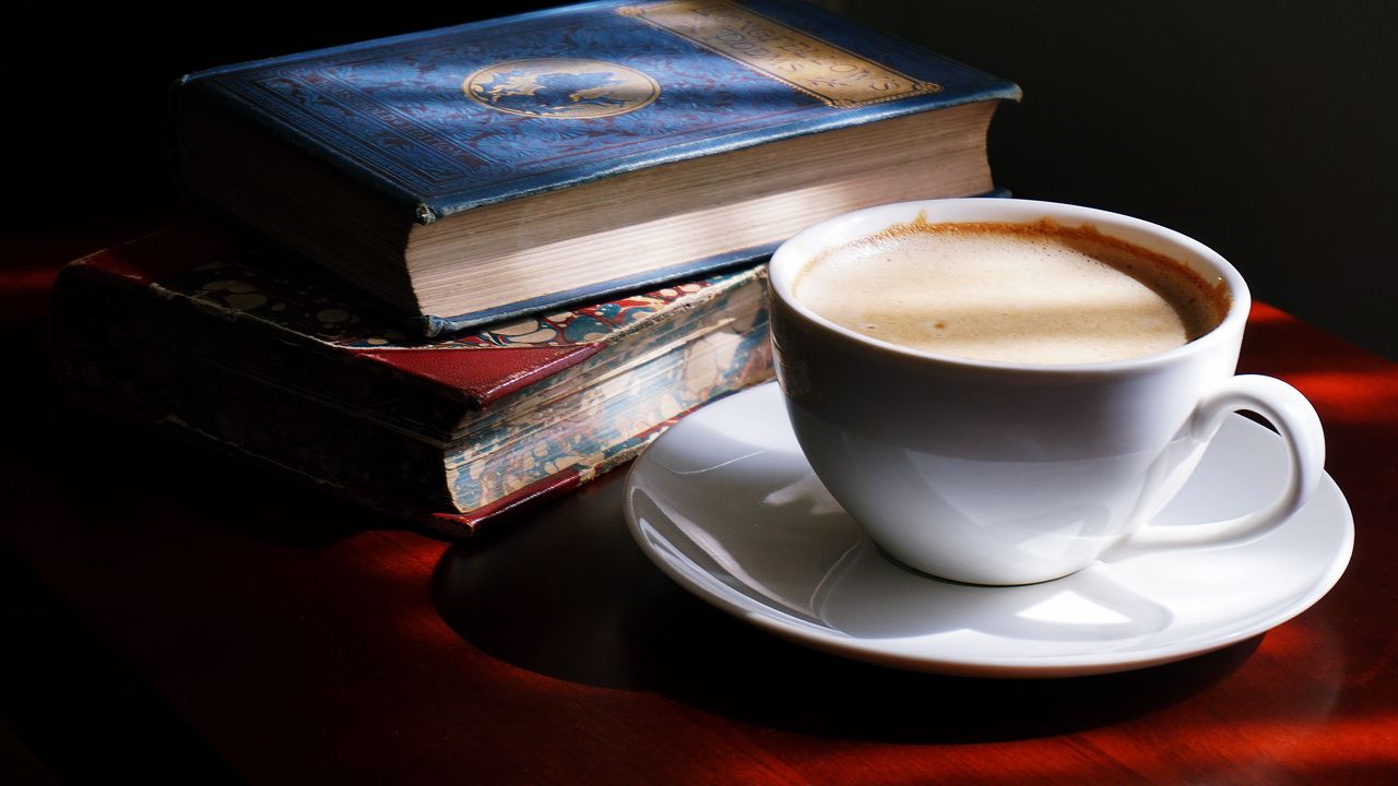 Wallpaper coffee, cup, shadows, book, drink