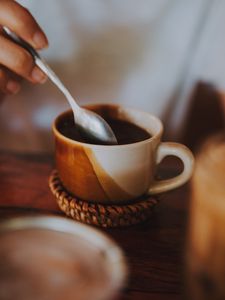 Preview wallpaper coffee, cup, spoon, drink, caffeine, blur