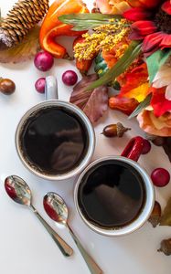 Preview wallpaper coffee, cup, spoons, autumn, still life