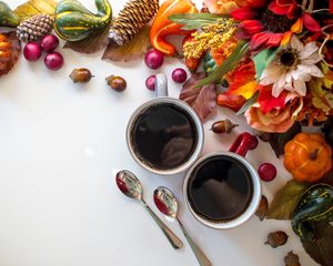 Preview wallpaper coffee, cup, spoons, autumn, still life