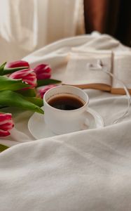 Preview wallpaper coffee, cup, tulips, book, cloth