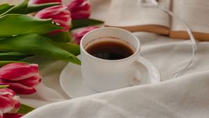 Preview wallpaper coffee, cup, tulips, book, cloth