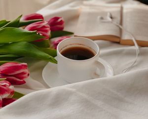 Preview wallpaper coffee, cup, tulips, book, cloth
