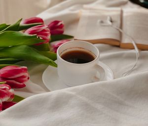 Preview wallpaper coffee, cup, tulips, book, cloth