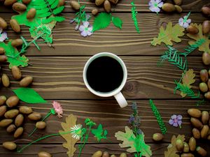 Preview wallpaper coffee, cup, wooden, surface