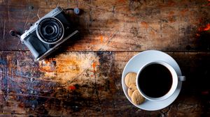 Preview wallpaper coffee, drink, cup, cookies, table, camera