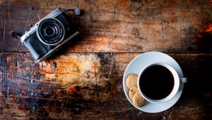 Preview wallpaper coffee, drink, cup, cookies, table, camera
