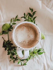 Preview wallpaper coffee, drink, cup, branches, leaves
