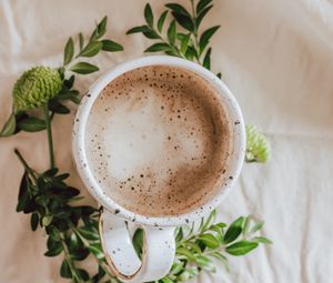 Preview wallpaper coffee, drink, cup, branches, leaves