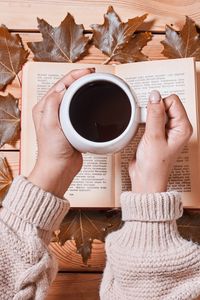 Preview wallpaper coffee, drink, cup, hands, book, autumn, cozy