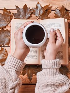 Preview wallpaper coffee, drink, cup, hands, book, autumn, cozy