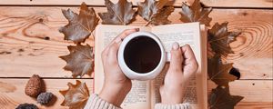 Preview wallpaper coffee, drink, cup, hands, book, autumn, cozy