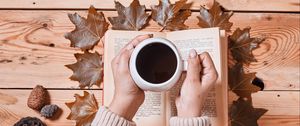 Preview wallpaper coffee, drink, cup, hands, book, autumn, cozy